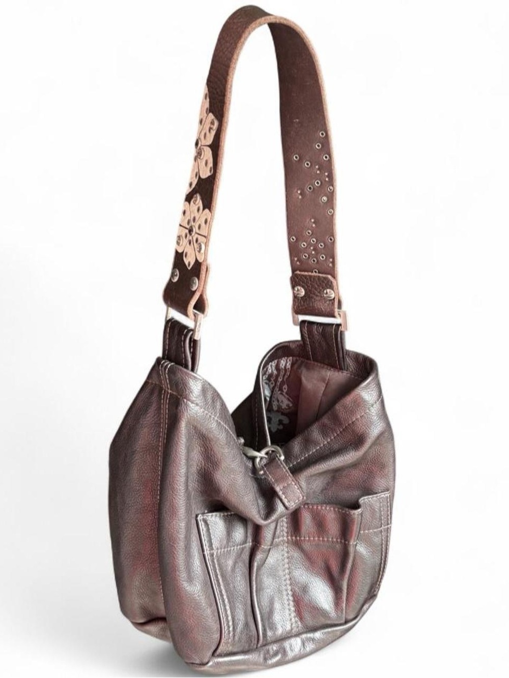 Tylie Malibu Bag Classic Utility Brown Leather w/ Flower Stud & Crystal Accents